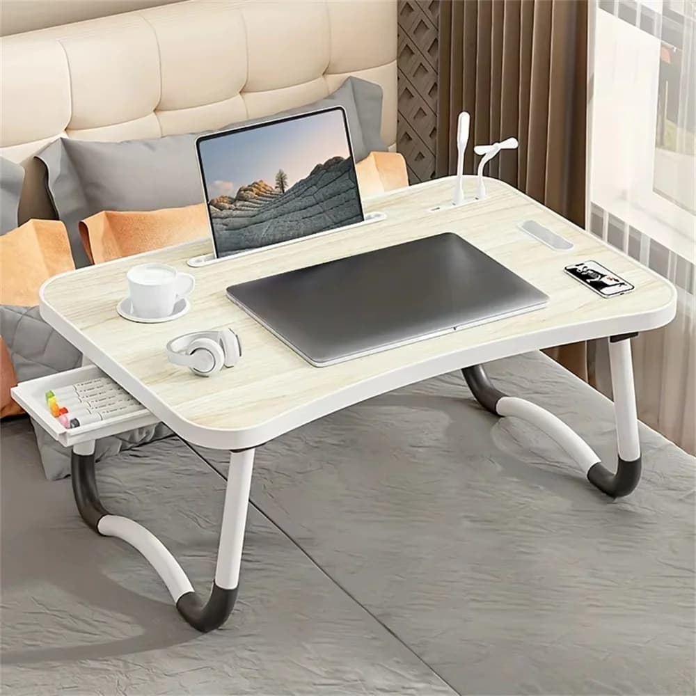 Tavolo da letto pieghevole portatile per laptop, vassoio da scrivania con patta con porte USB, cassetto portaoggetti e portabicchieri, per lavorare su letto/divano