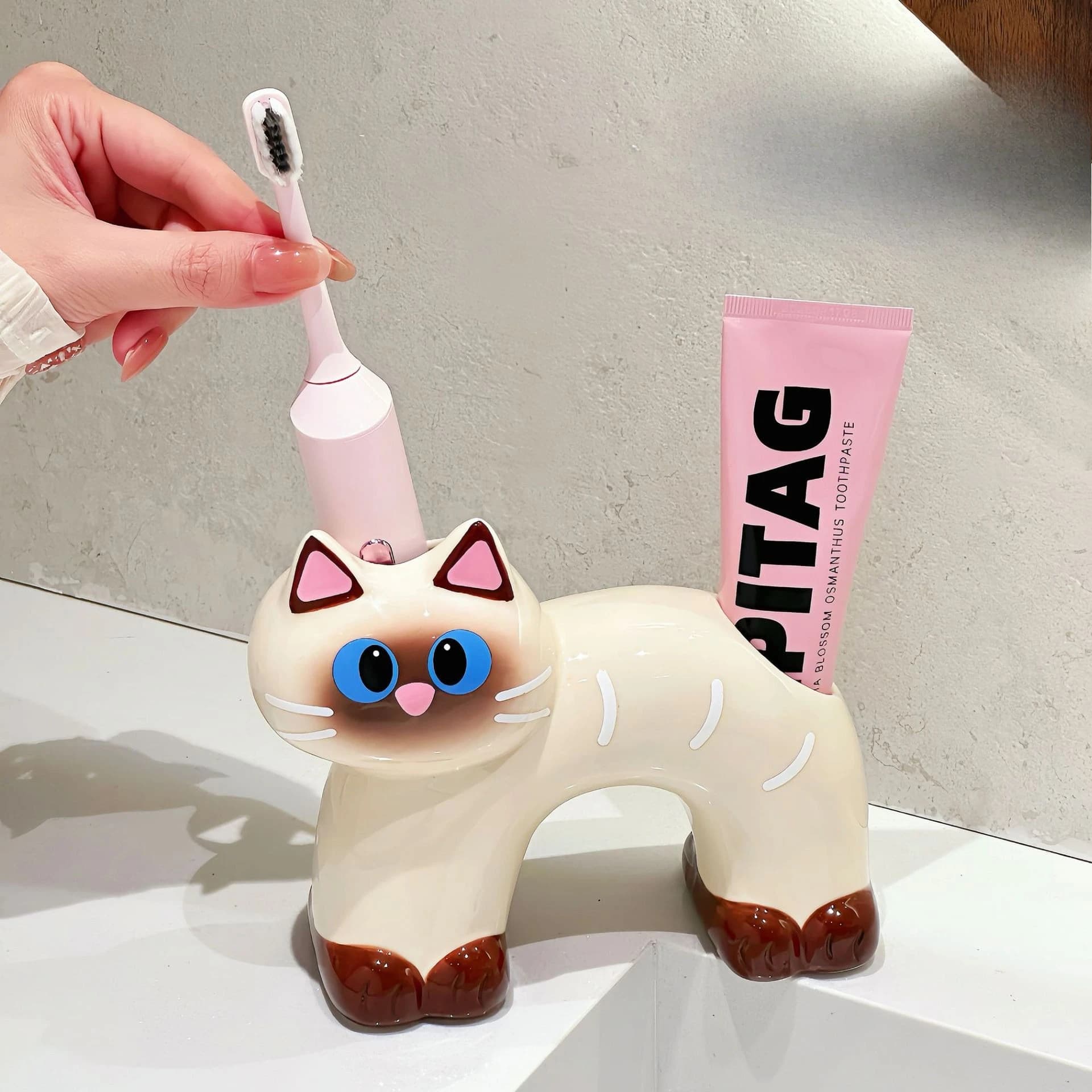 Portaspazzolino Elettrico per Gatti Siamesi, Supporto da Appoggio in Ceramica, Base per Spazzolini, Porta Dentifricio, Scaffale Contenitore