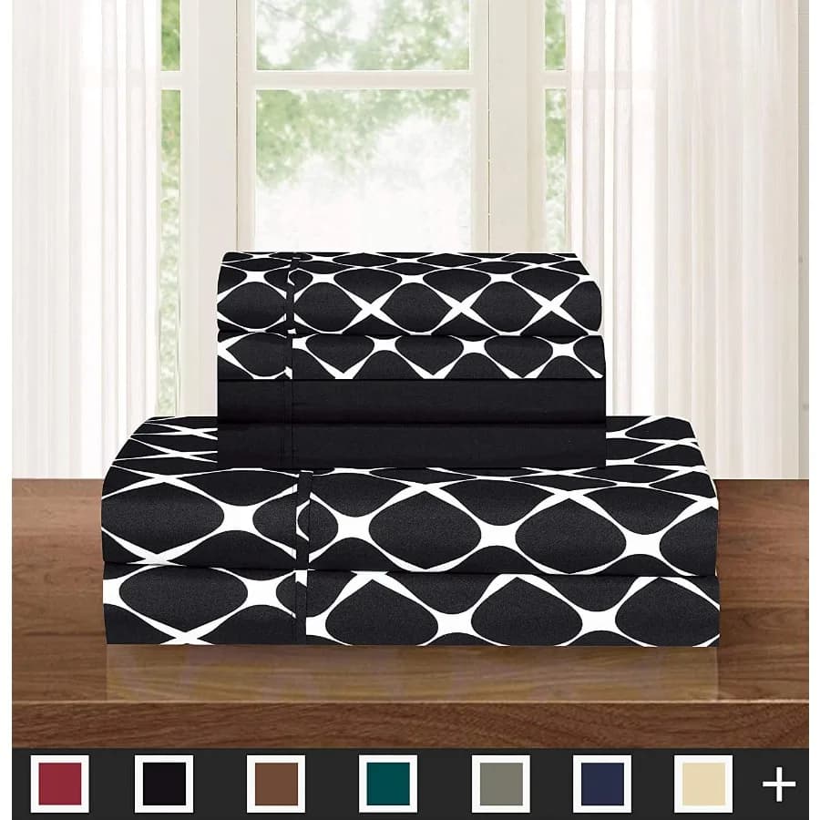 6-Piece Bed Sheet Set Wrinkle Resistant Milano Trellis Pattern King Black