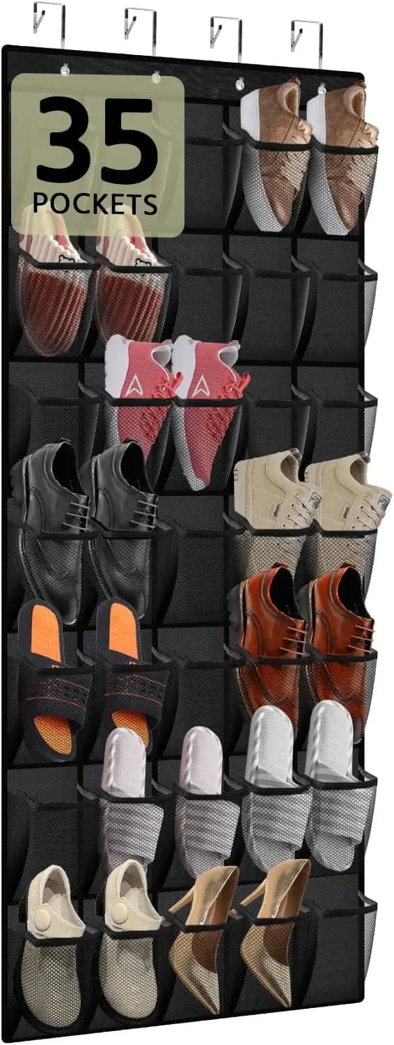 Organizzatore per Scarpe da Appendere alla Porta con 35 Tasche, Ampio Contenitore Traspirante in Rete per Sneakers e Scarpe per Bambini, Borsa Sospesa (Nero)
