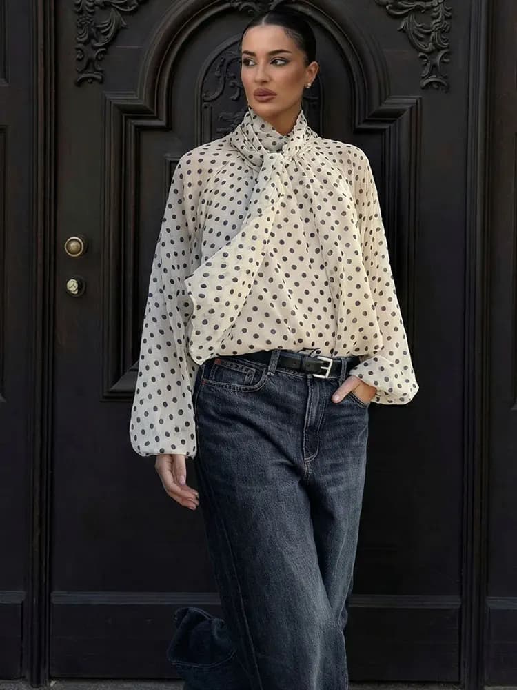 HH Fashion Vintage Women's Shirts with Pois Print, Long Sleeve Bluse with Bow and Laces, Elegant Women's Streetwear, Top Subtile Summer 2026