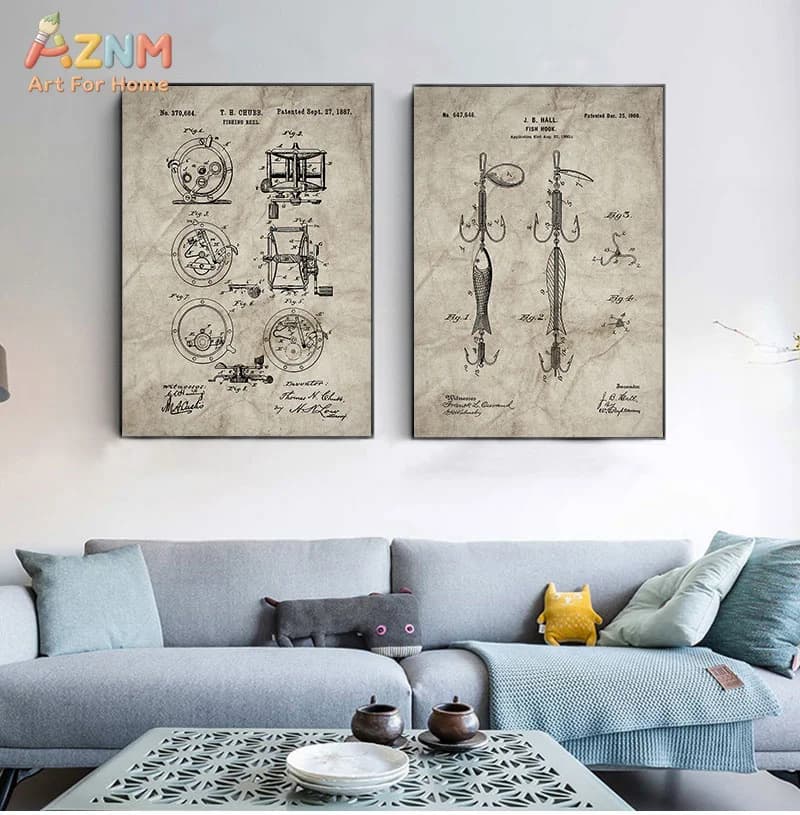 AZNM Vintage Fishing Patent Canvas Wall Art, Fishing Reel and Hook Blueprint Print, No Frame