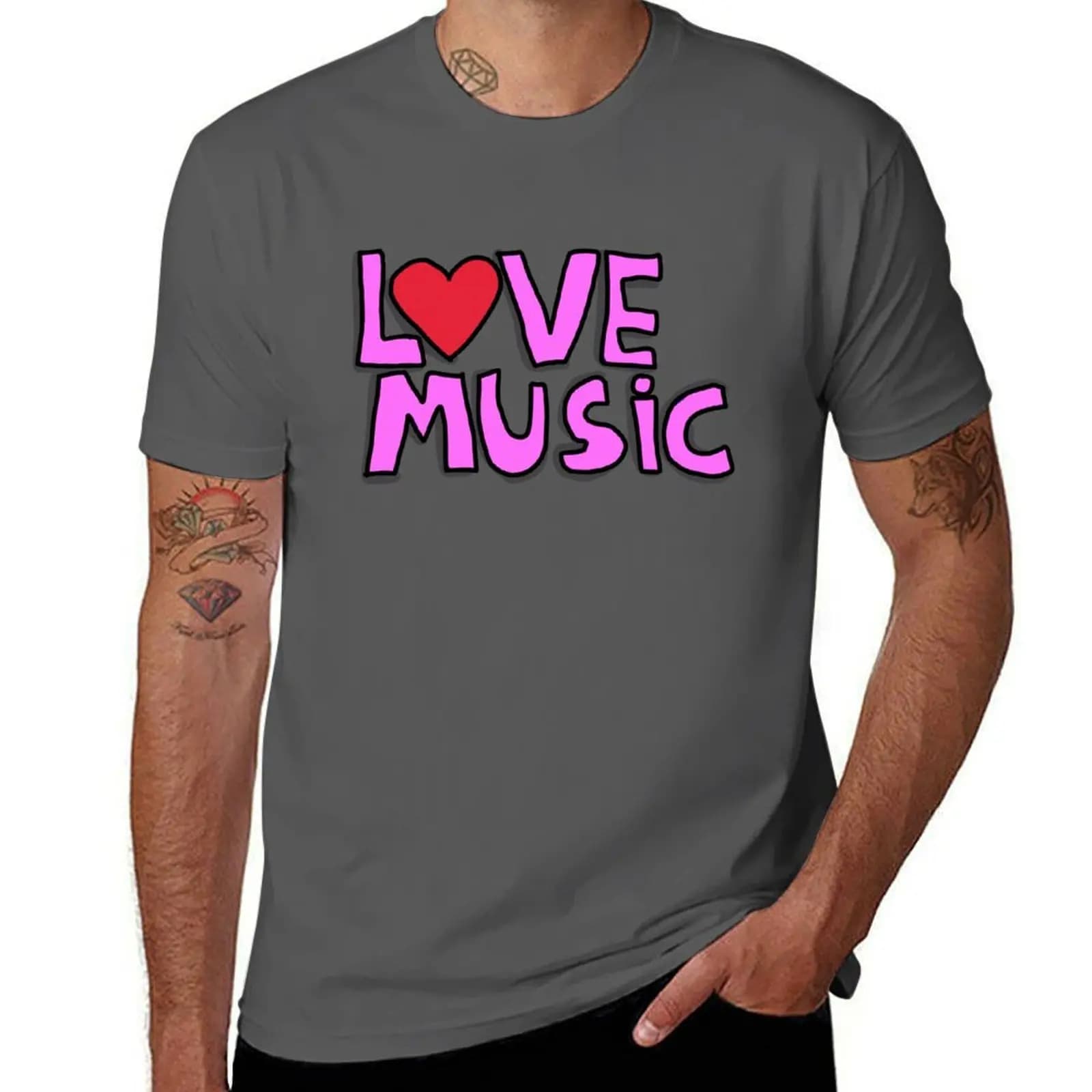 T-shirt con adesivo Love Music, t-shirt essenziale in tinta unita