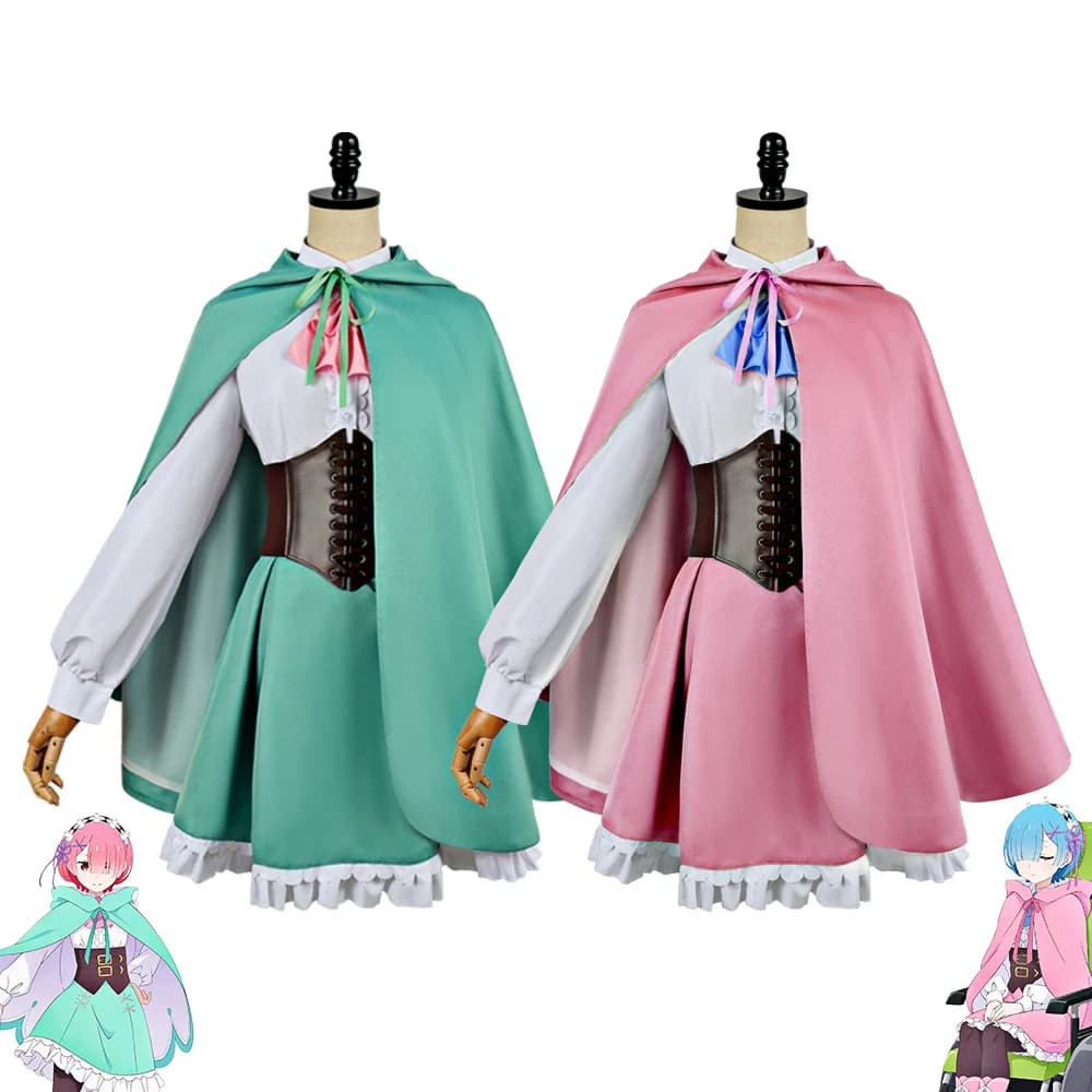 Costume Cosplay Anime Re:Zero Rem Ram per Donne, Grazioso Abito da Cameriera Rosa e Verde con Mantello con Cappuccio, Set Completo per Halloween e Carnevale
