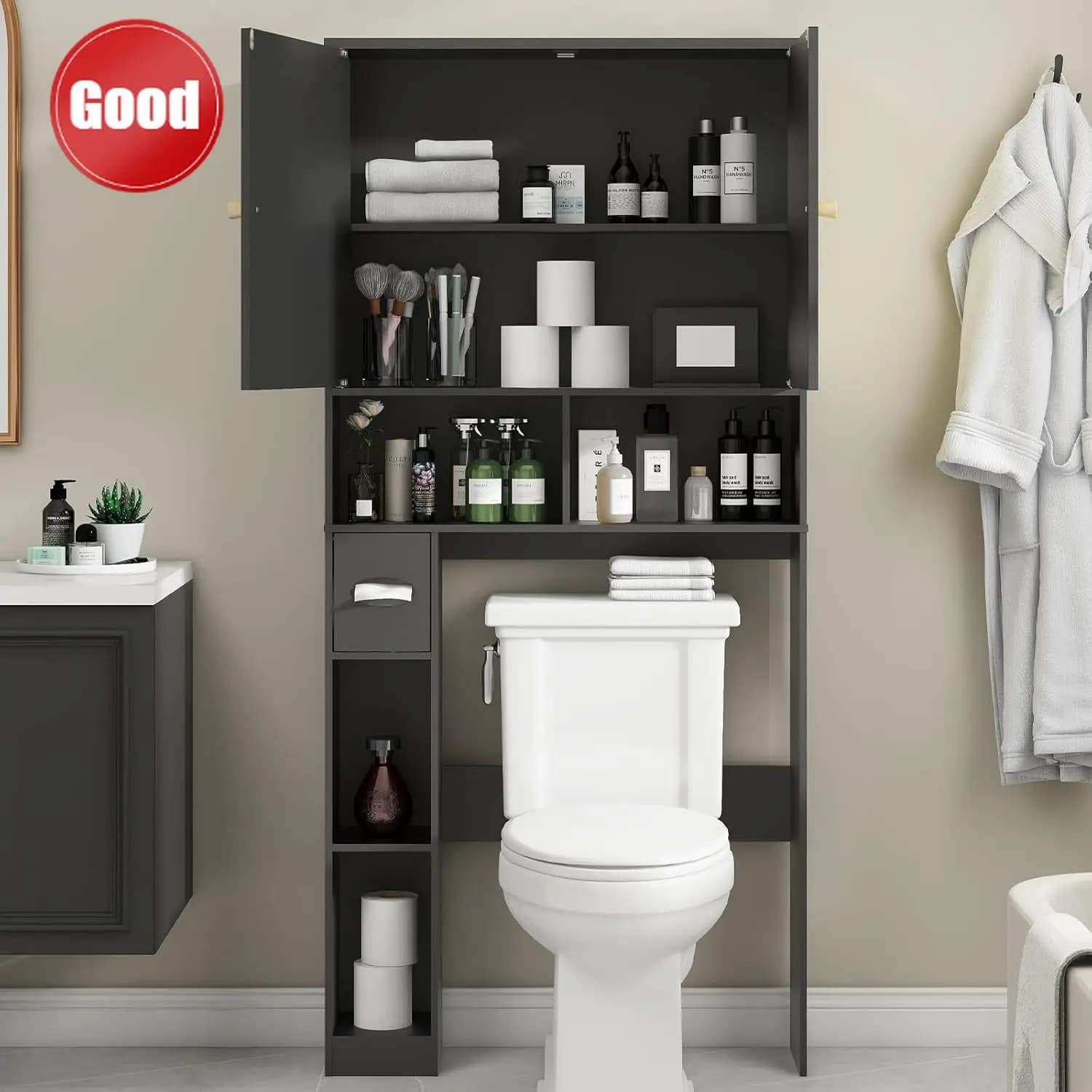 Mobiletto portaoggetti in rattan per WC, mobiletto in legno da posizionare sopra il WC con 2 ante e porta carta igienica, organizer da bagno per la casa