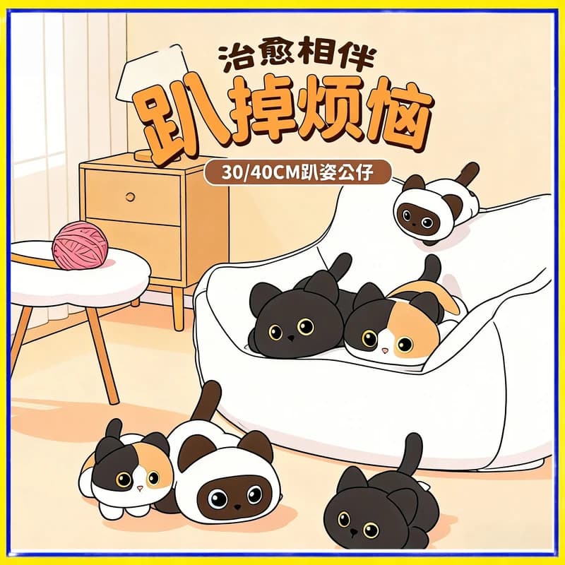 MINISO Cute Lying Cat Plush Toy 30 40 CM Black Cat Calico Siamese Soft Stuffed Animal Cushion Pillow For Kids Birthday Gift