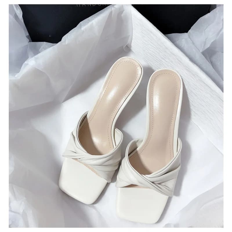 Fashion Summer Women's Shoes New Handmade Square Open Toe High Heels Fashion Outdoor Slippers Off white size 35-40
