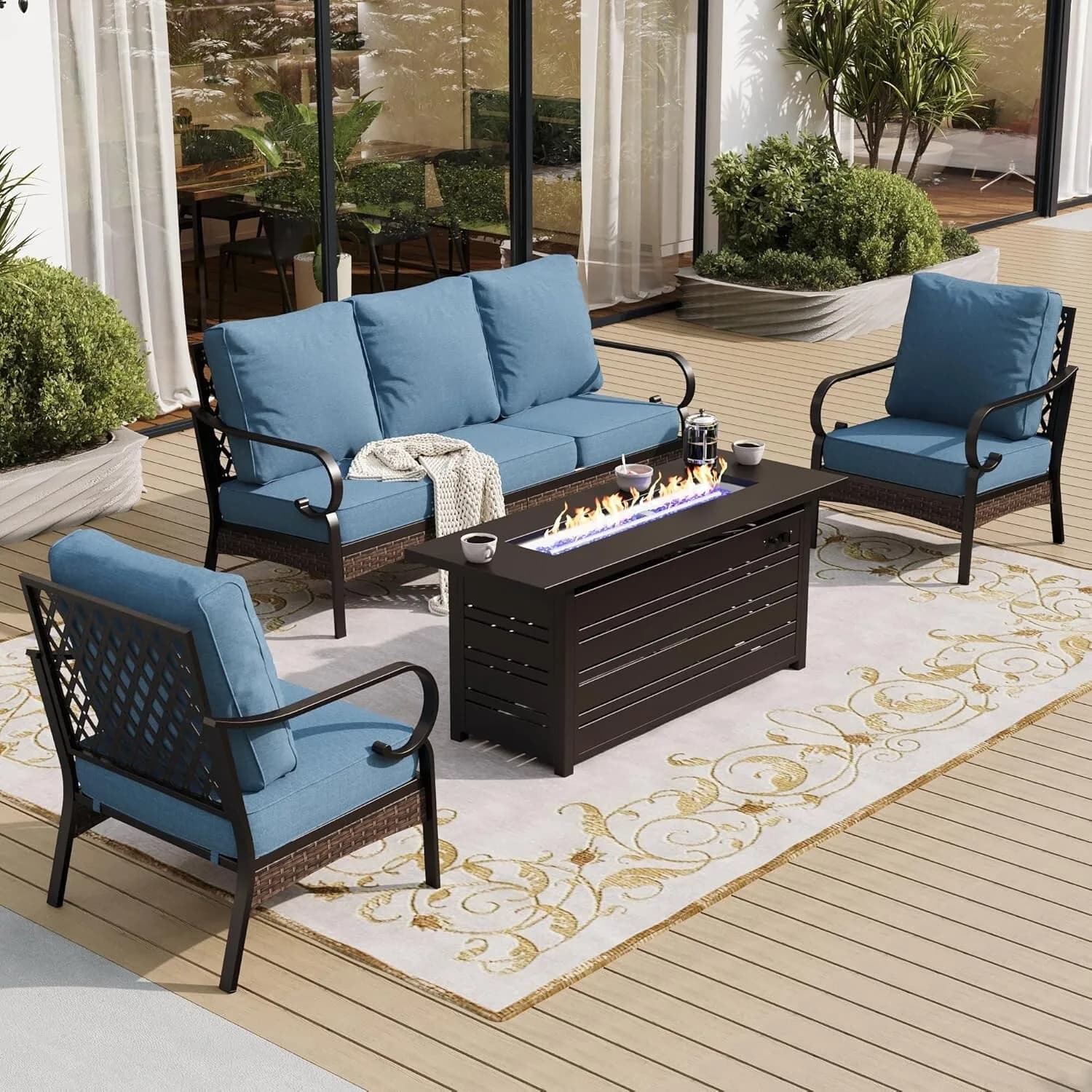Outdoor Conversation Set with Fire Pit Table Patio Sofa Chairs Furniture Set