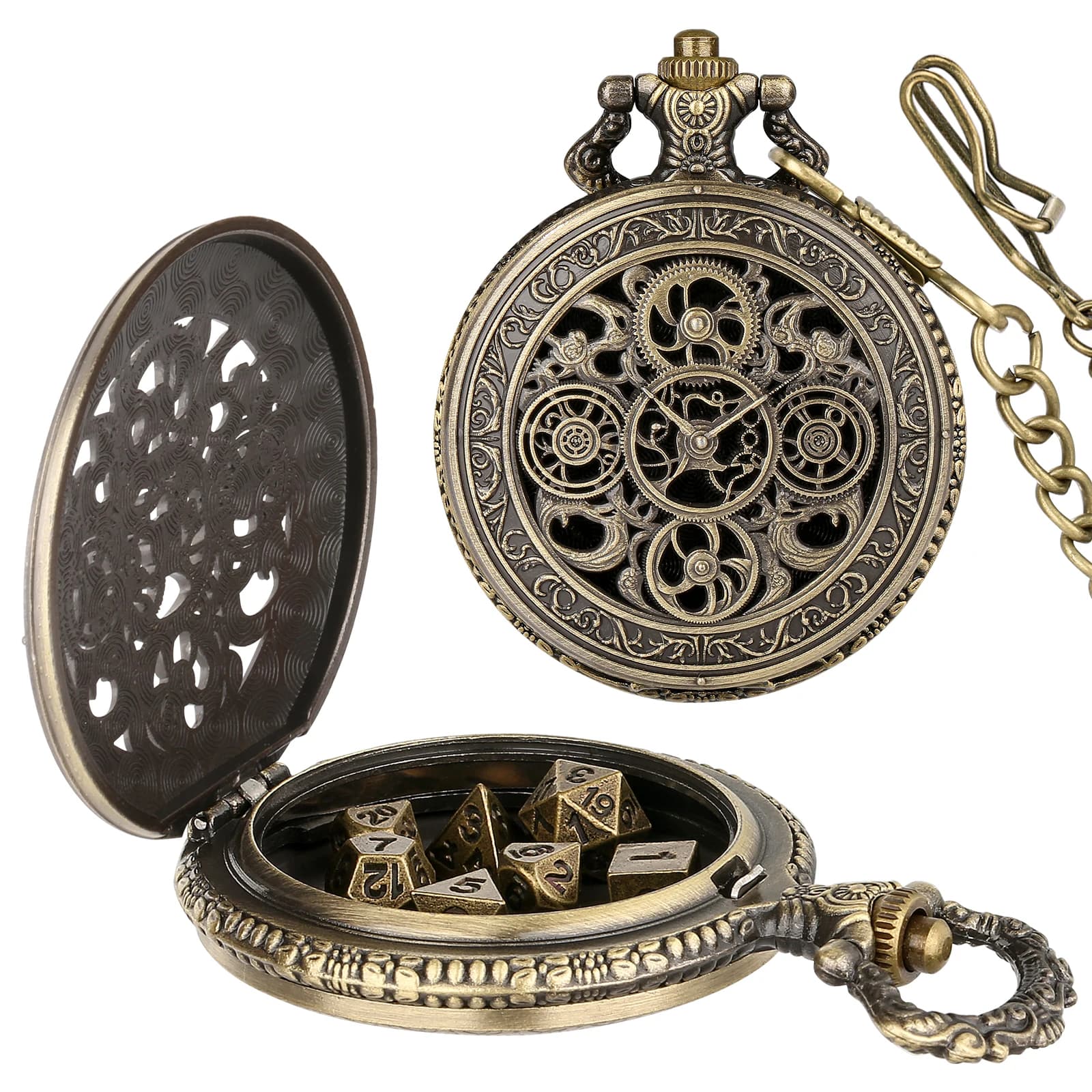 YISUYA Set di dadi per orologi da tasca con ingranaggi vintage, dadi DND in metallo poliedrico da 7 pezzi, accessori per giochi da tavolo di ruolo Regali per feste