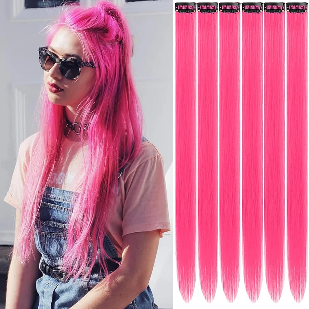 6 pezzi di estensioni per capelli rosa rossa con clip, estensioni colorate per feste per bambine, parrucchino sintetico dritto da 22 pollici