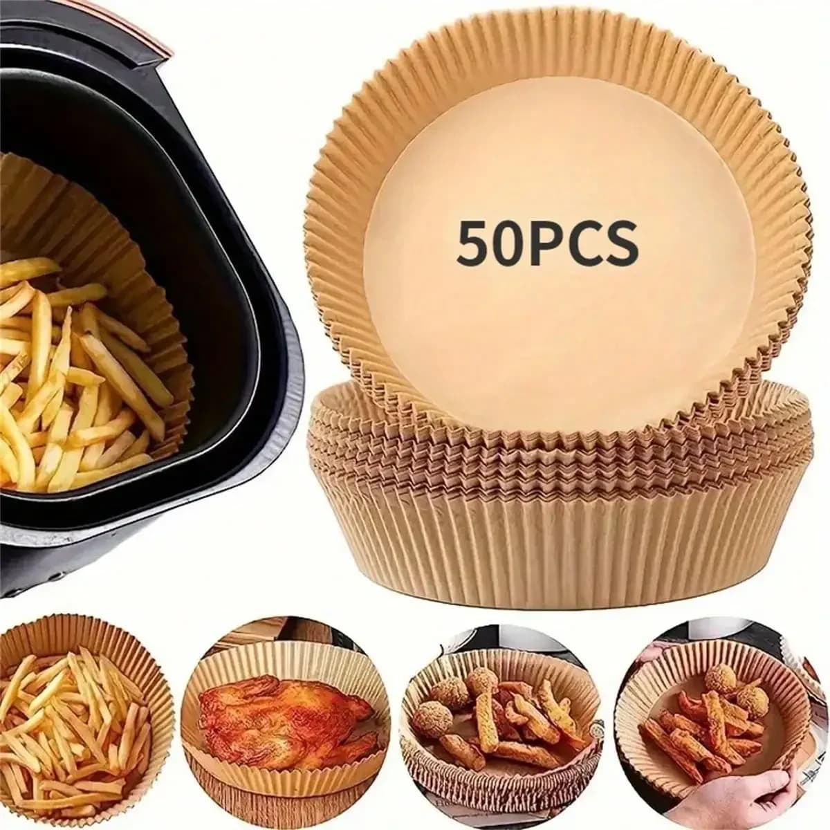 Set di 50 Fogli di Carta Usa e Getta per Friggitrice ad Aria, Antiaderenti, Anti-Olio e Assorbenti, Quadrati e Circolari