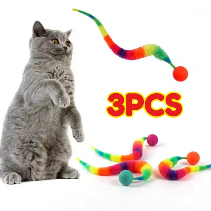 3PCS Colorful Interactive Cat Teaser Toys - Twisty Worms with Attached Balls, Geometric Polyester Pet Play Sticks