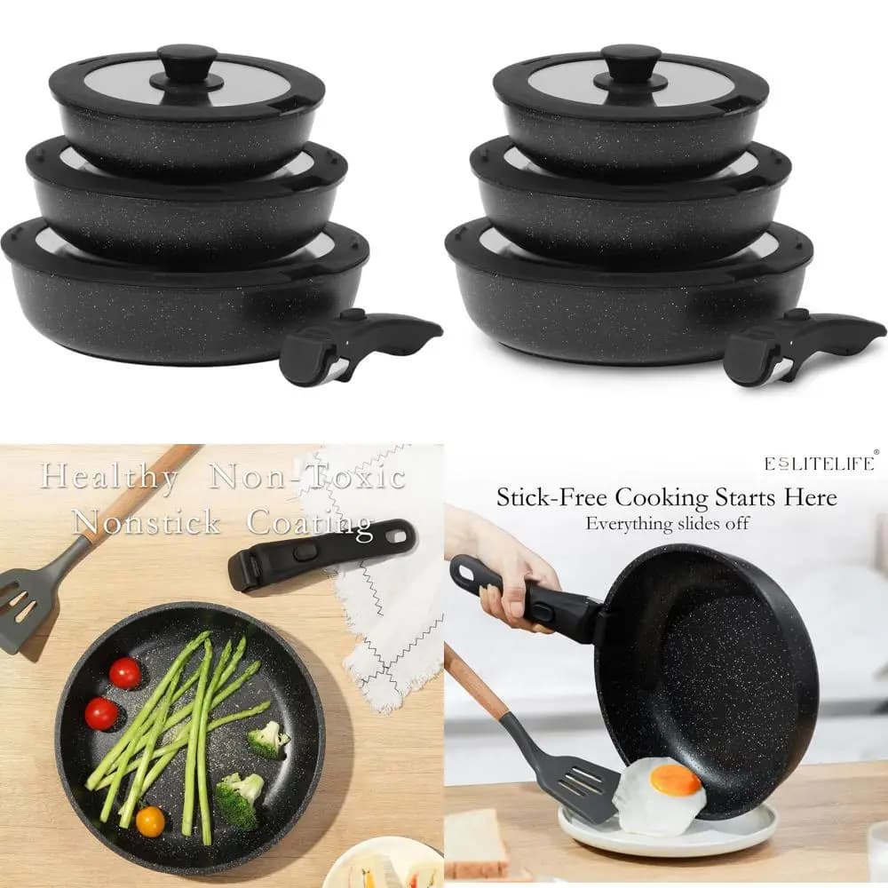Set of ceramic non-stick pans with removable handle and lids, safe for all cooking floors, 7 pieces, black