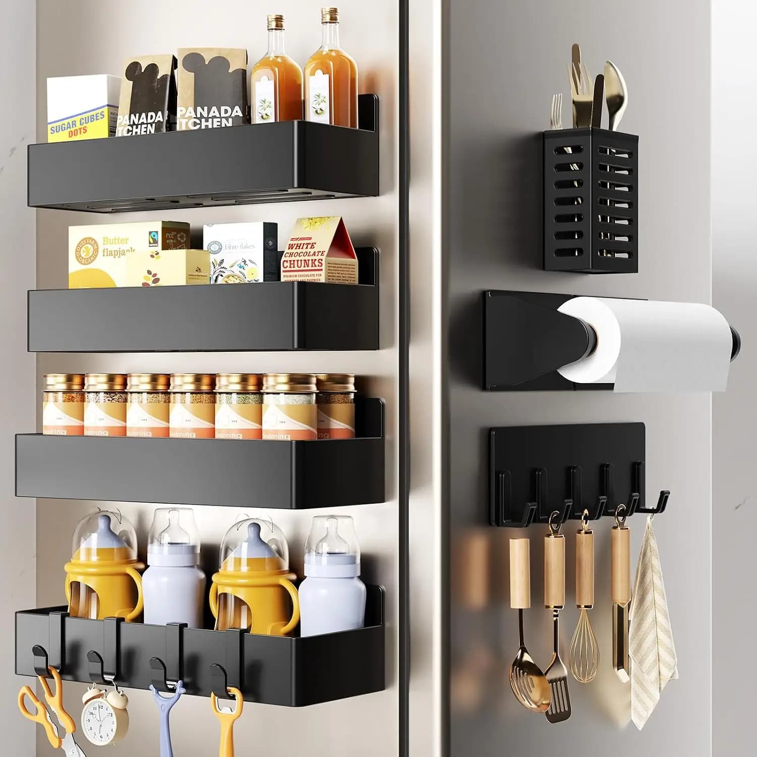 Magnetic spice refrigerator rack, 7-piece magnetic rack, refrigerator magnet storage box with tissue rack, cutlery rack, hook rack, refrigerator storage box and storage black (7-piece pack)