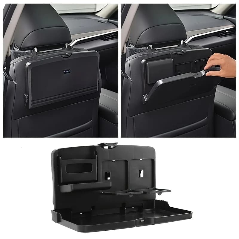 Foldable tray, double carriers, phone slots and multiple storage, supports easily to the characteristics of rear seat organizer