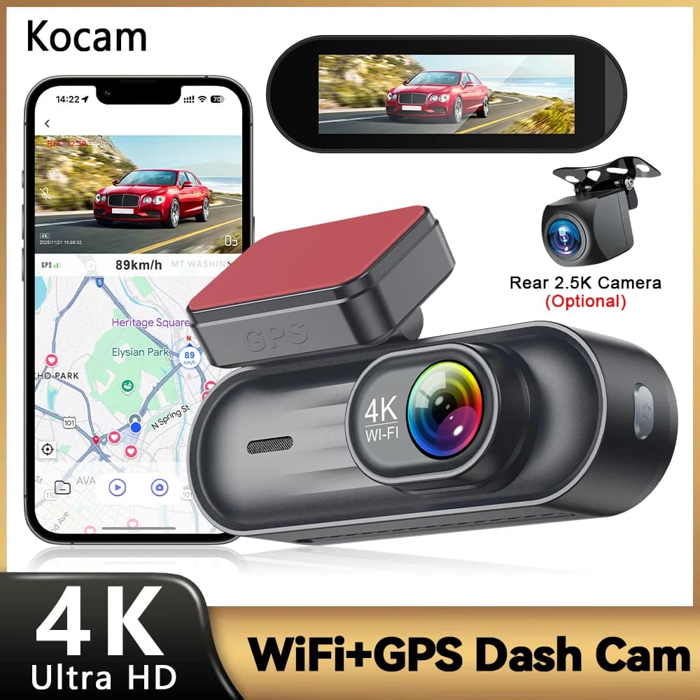 Kocam 4K + 2.5K Dual Dash Car Camera WiFi integrato GPS 3.19 '' Schermo IPS Modalità parcheggio Visione notturna WDR 170 ° Sensore G grandangolare