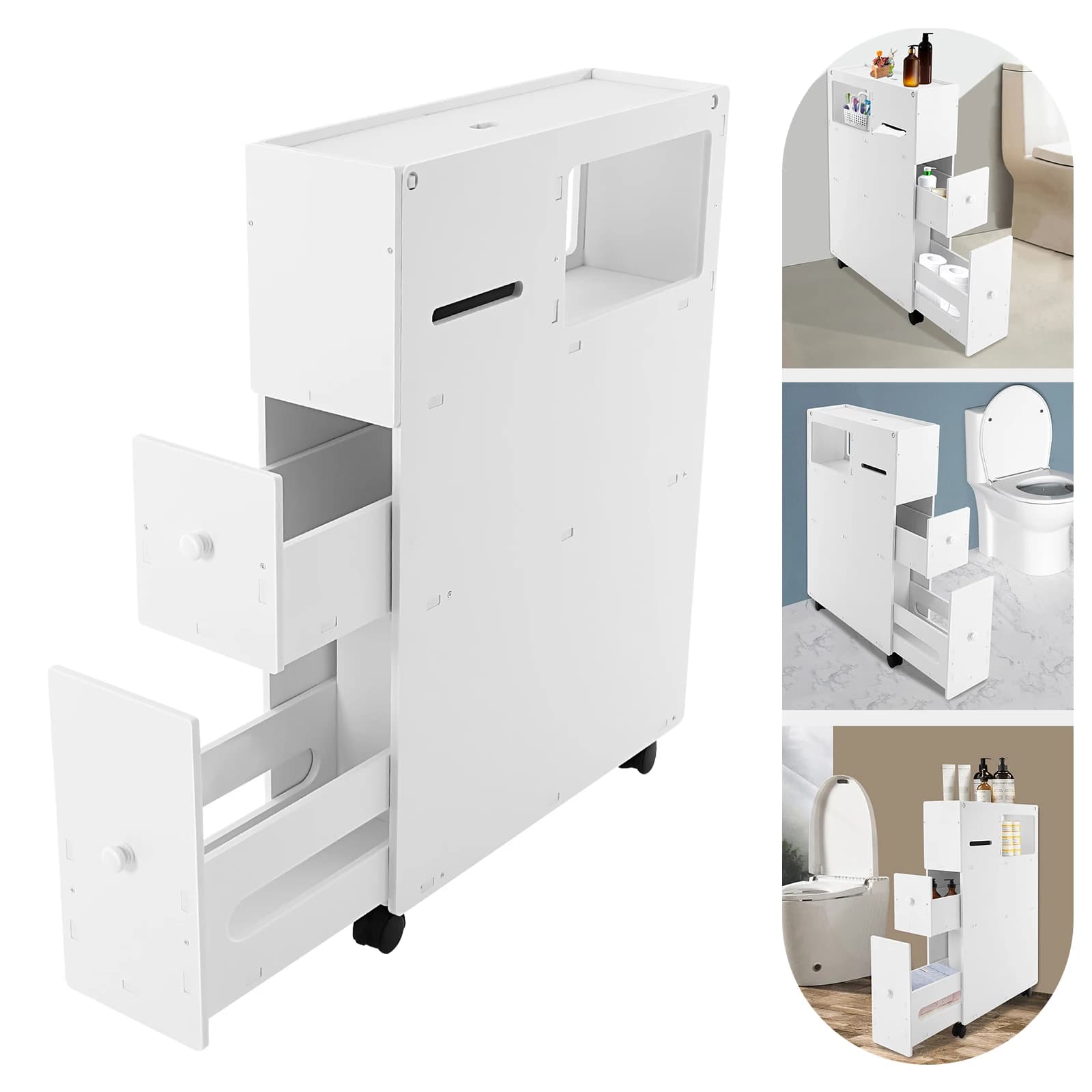 Mobiletto sottile per bagno, piccolo mobiletto angolare da terra, porta carta igienica stretto, bianco, 52*16.2*75cm