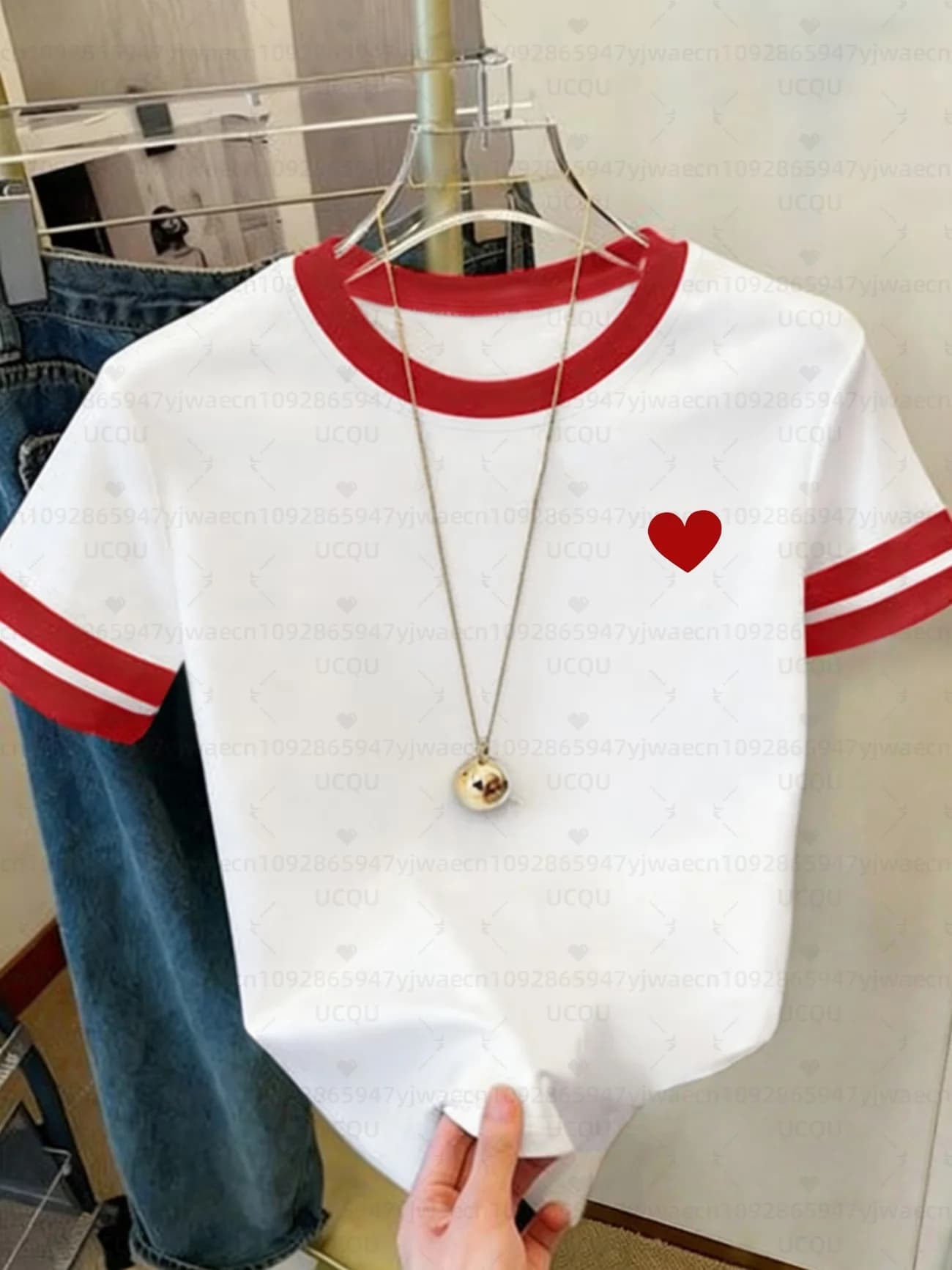 T-shirt estiva da donna a maniche corte, girocollo, per sport all'aperto, con stampa a cuore rosso per San Valentino