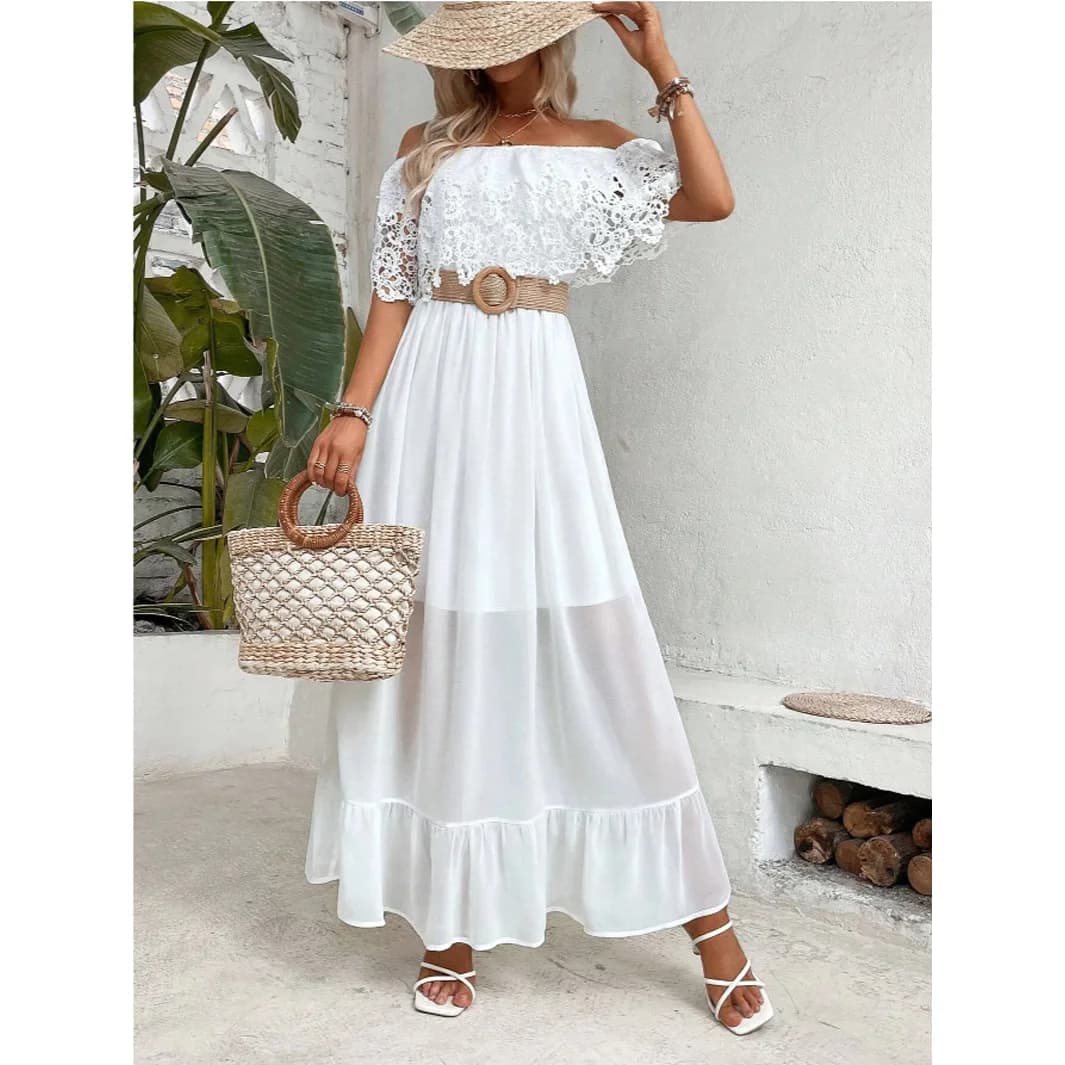 Abito bianco Donna Abiti lunghi con spalle scoperte Una linea Abiti in pizzo con volant Slim Elegante giuntura Y2k Vita alta Party Summer 2025