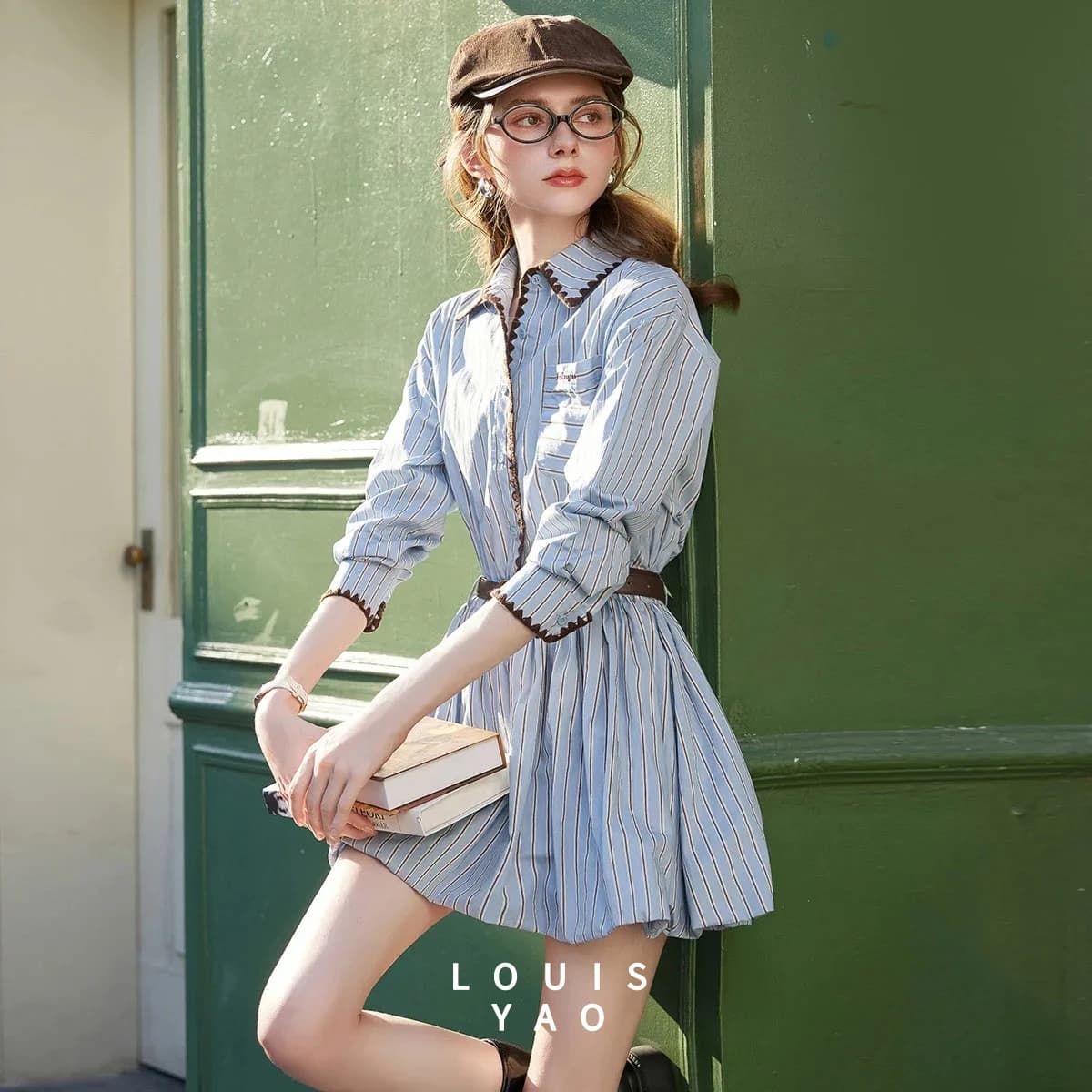Abito Midi da Donna LOUISYAO Primavera 2026, Dolce con Colletto a Revers, Spalle Scoperte, Vita Elastica con Cintura, Vestito Casual Morbido a Mezza Lunghezza