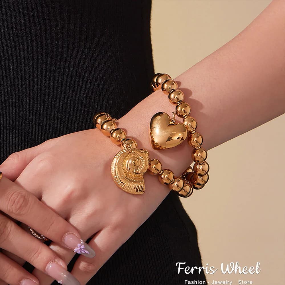 Bracciale conchiglia a forma di cuore in argento dorato per donna Bracciale grosso placcato in oro con perline in acciaio inossidabile Gioielli impermeabili