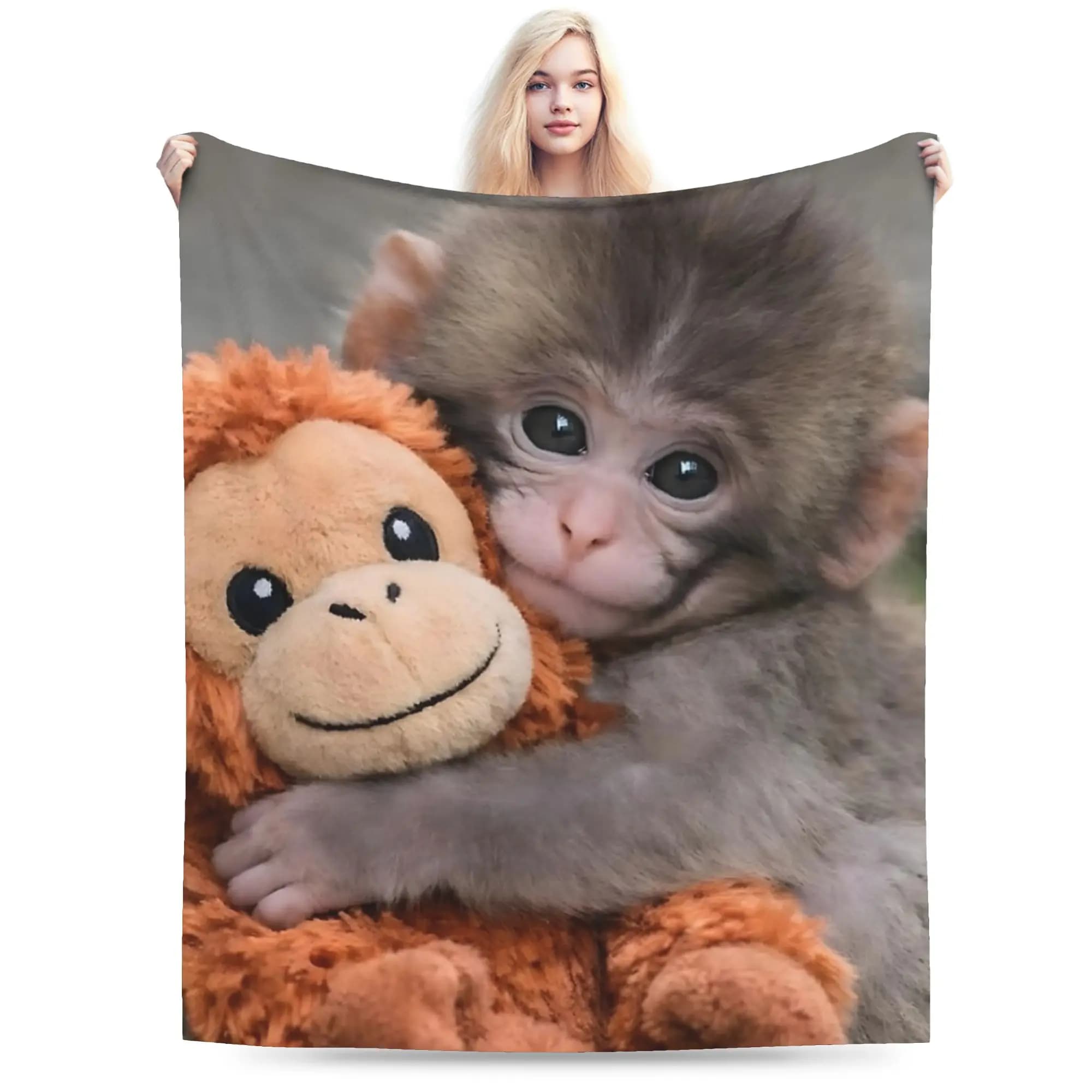Coperta in flanella morbida per primavera/autunno, con disegno di Baby Monkey Punch e il suo amico giocattolo, ideale per divano, viaggi e come copriletto.