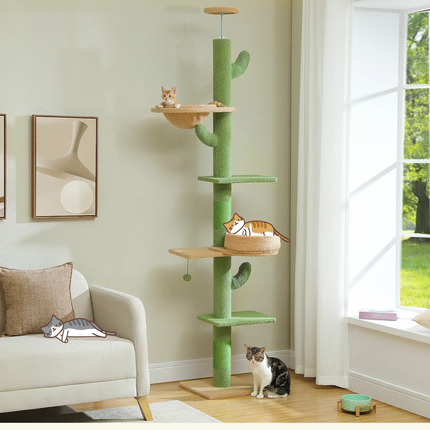Torre per albero per gatti con cactus dal pavimento al soffitto, torre regolabile in altezza a 5 livelli con amaca sostituibile con persico, super robusta