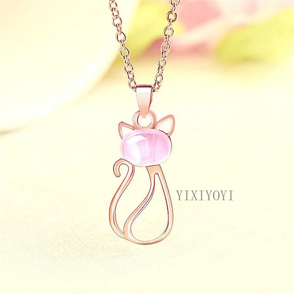 Natural Ice Pink Ross Quartz Cute Cat Crystal Pendant Trendy Gem collana per donna Elegant Cham girl's Party Gifts Jewelry