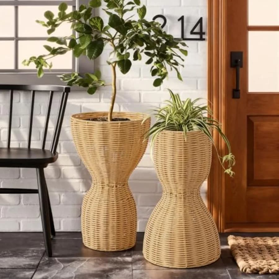 Set di 2 Cesti Portafiori Reversibili in Vimini da 50 cm, Vasi Decorativi in Rattan Stile Boho per Portico, Patio, Giardino e Interni