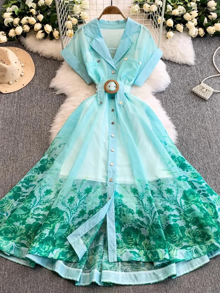 Abito Lungo Estivo da Donna Stampato per Vacanze al Mare, Colletto a Risvolto, Monopetto, Maniche Corte, Vestito Maxi a Trapezio, Vestito Femminile 2025