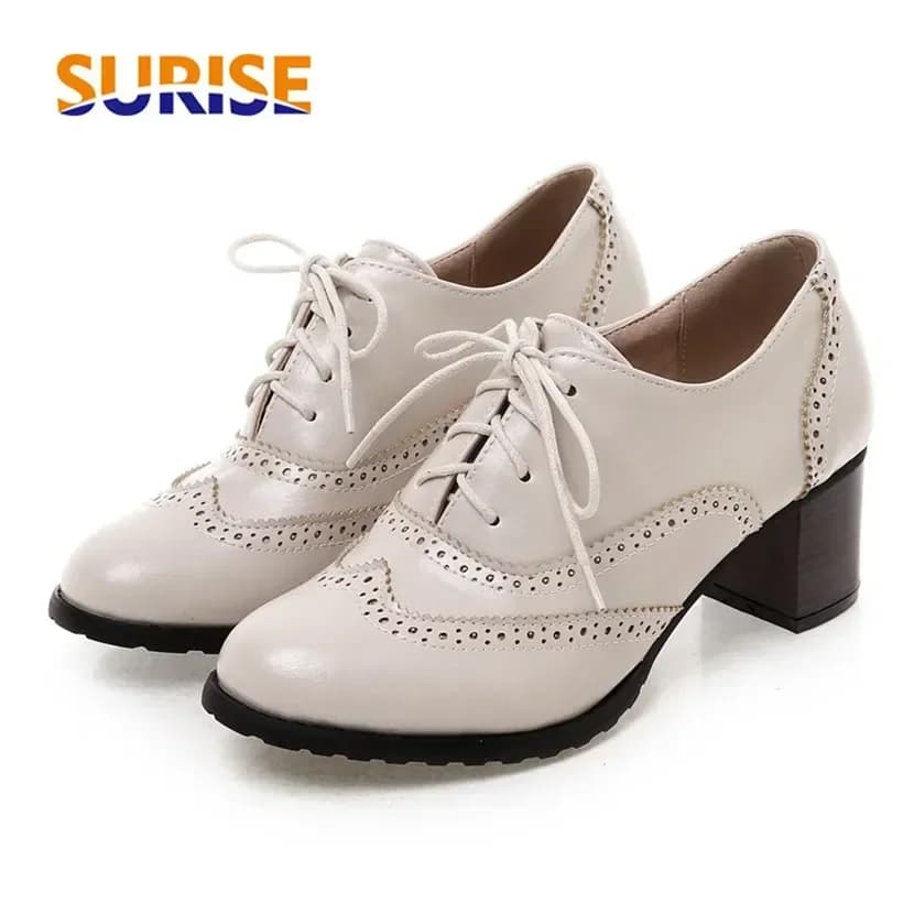 British Women's Oxford with High Heel and Fins Beige Black Round Brogue Casual Office Lady Lace-up Retro Preppy Dress Flats