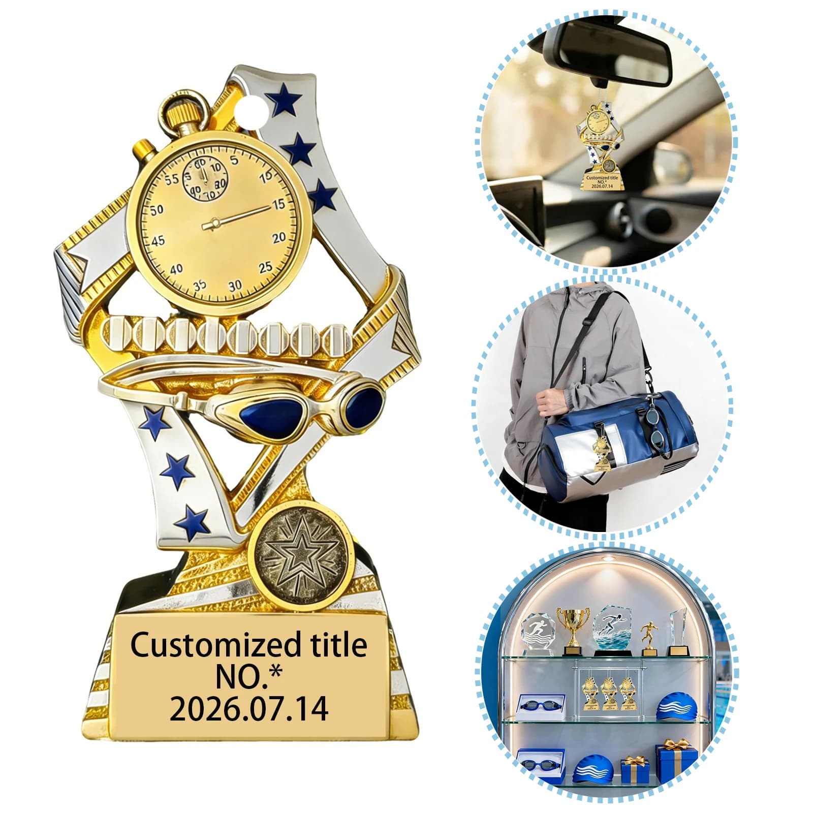 Ciondoli per Borsa in Acrilico a Forma di Trofeo Sportivo Personalizzati con Cronometro e Occhialini da Nuoto, Stampa Personalizzabile di Titolo, Testo, Nome, Data