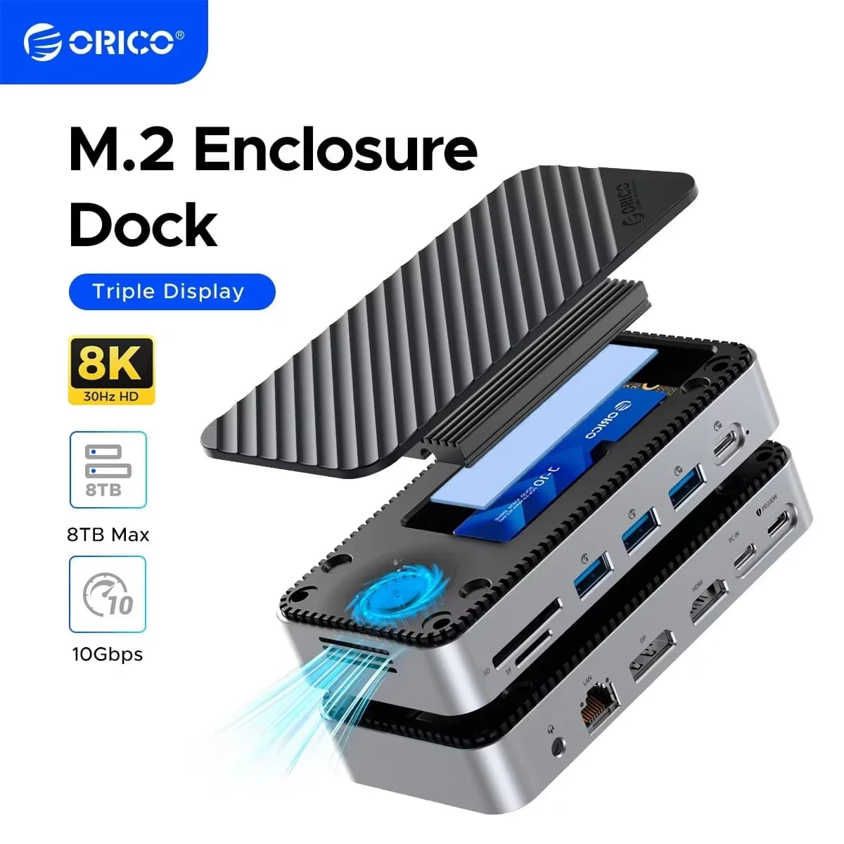 ORICO M2P11 Hub Display USB C con Ventola di Raffreddamento, Enclosure Esterno per SSD M.2 NVMe SATA, Docking Station 10Gbps HDMI-Com RJ45 SD/TF