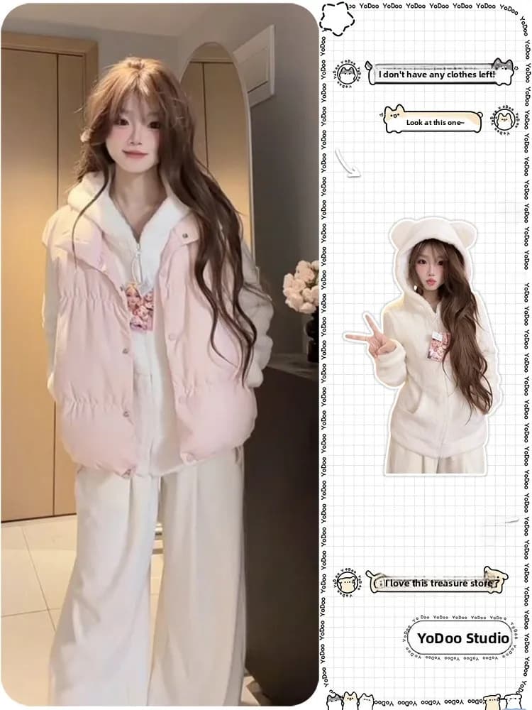 Korean Style Pink Cotton Vest Women's Outerwear Warm Stand Collar Puff Sleeve Thermal Vest And Jacket Set for Winter