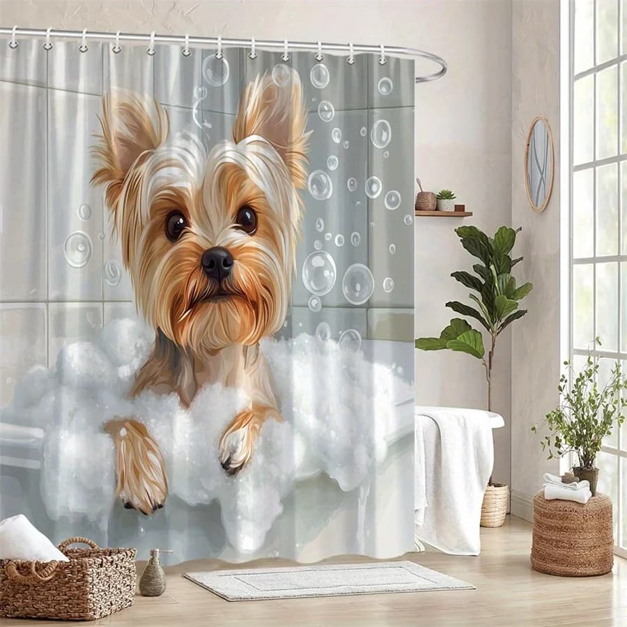 Tenda da doccia per vasca da bagno a bolle Yorkshire Terrier da 1 pezzo, design per cani giocosi, arredamento stravagante per il bagno, tessuto in poliestere