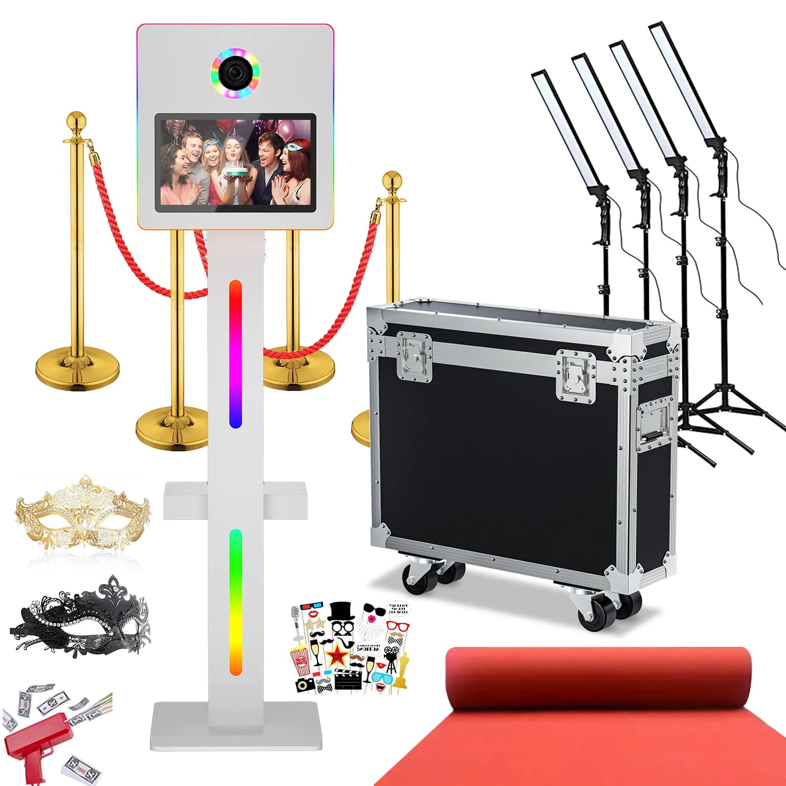 Macchina per cabina fotografica DSLR con touch screen da 15,6 pollici Fotocamera selfie Photo Booth con luci di riempimento a LED Stanchion Messaggi Coda