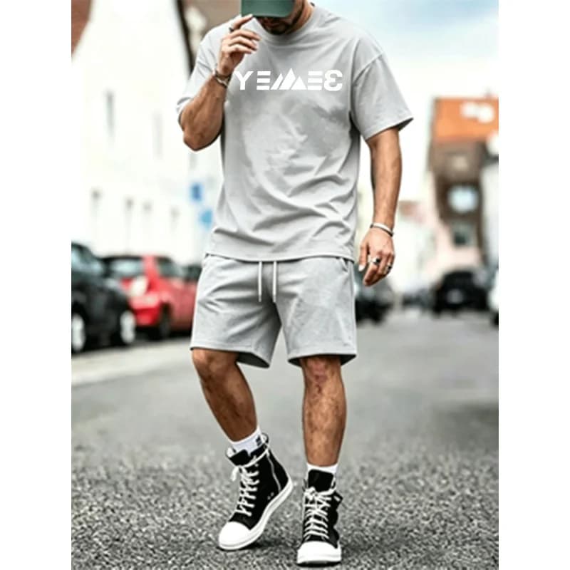 Men's Summer Abstract Letter Printed Top+Drawstring Shorts Mesh Set Casual Trendy Two Piece Set