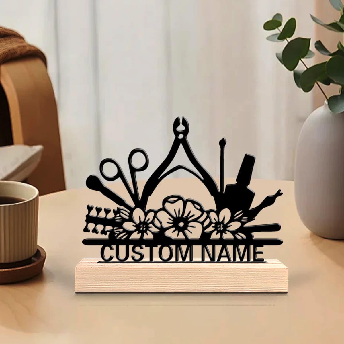 1 Pezzo Elegante Statuetta in Metallo Personalizzata per Unghie con Base in Legno Moderna, Decorazione Ispirata alla Natura per Ufficio, Soggiorno