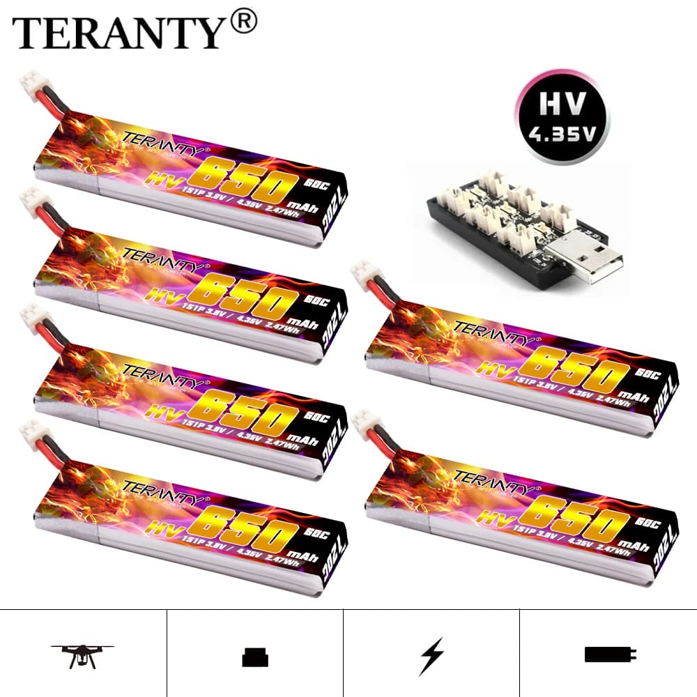 TREANTY 1S 650mAh 3.8V 60C/120C 4.35V HV batteria Lipo + Caricatore PH2.0 Spina per Tinyhawk Snapper7 E010 M80S Tiny7 Beta85 Drone
