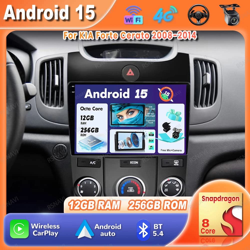 Autoradio Android 15 For KIA Forte Cerato 2008-2014 Qualcomm Multimedia DVD DSP QLED GPS 4G LTE Navigation Stereo 5G WIFI BT