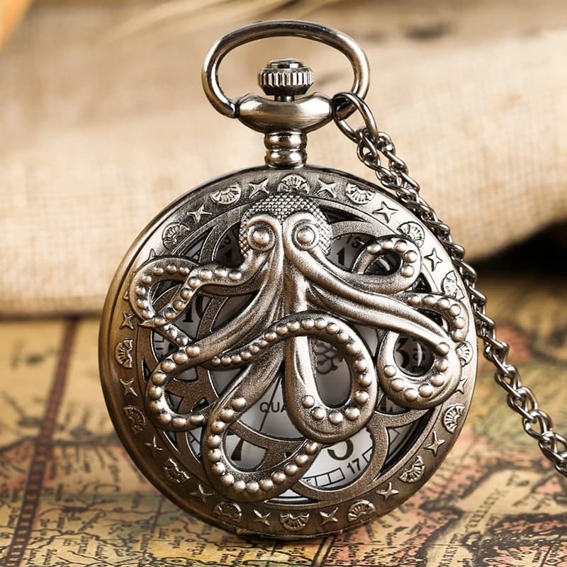 Orologio da tasca al quarzo con motivo a polpo vintage nero e bronzo con collana a catena regalo per bambini maschi Cronografo Hombre Relojes