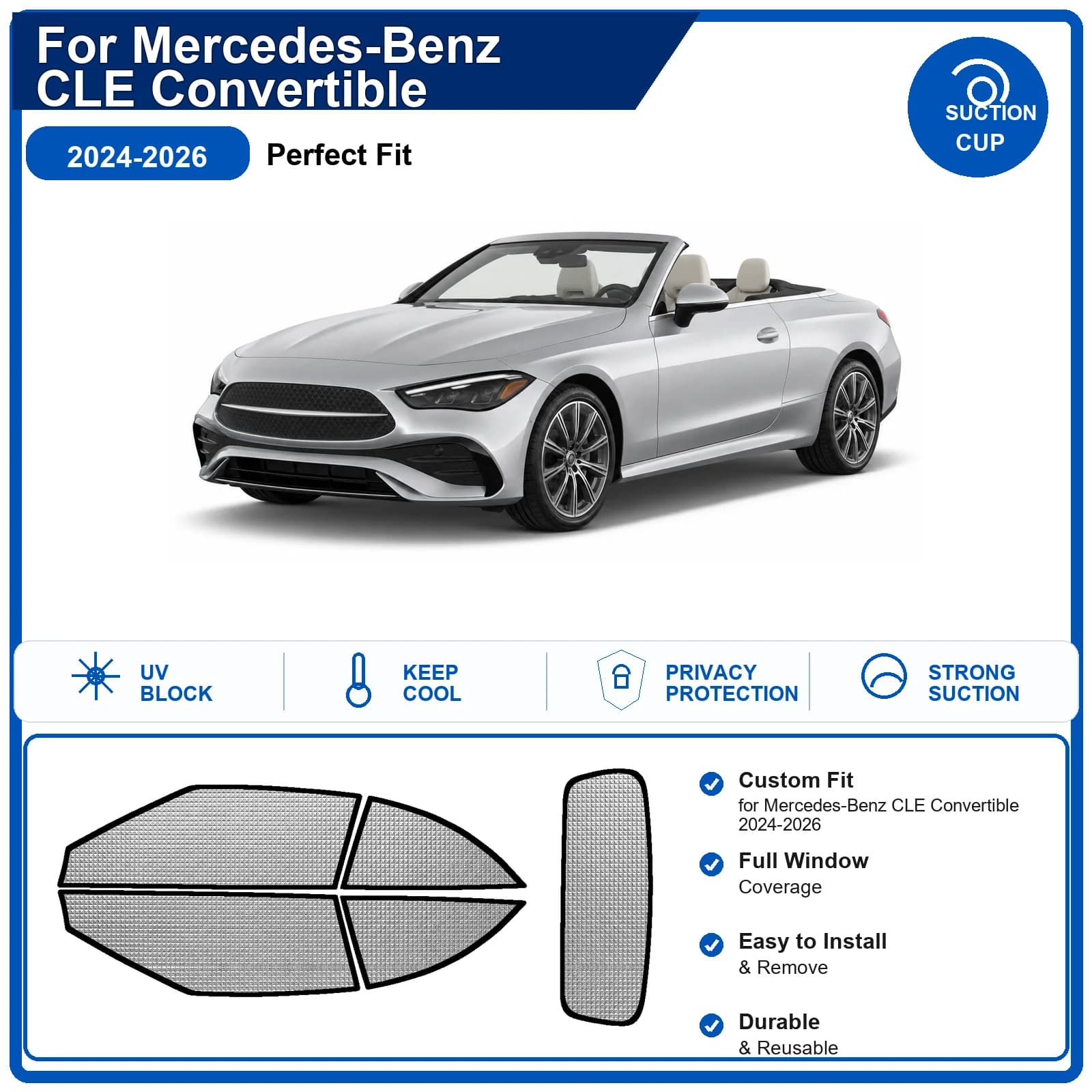 For Mercedes-Benz CLE Convertible 2024-2026 Custom Full Set Windshield Sun Shade Aluminum Foil Heat Insulation Anti UV Foldable