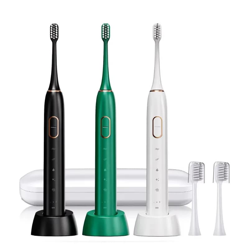 Spazzolino Elettrico Sonico con 2 Testine, 5 Modalità, Setole Morbide, Sbiancante, Ricarica Type-C, Impermeabile IPX7, per Viaggi e Uso Domestico