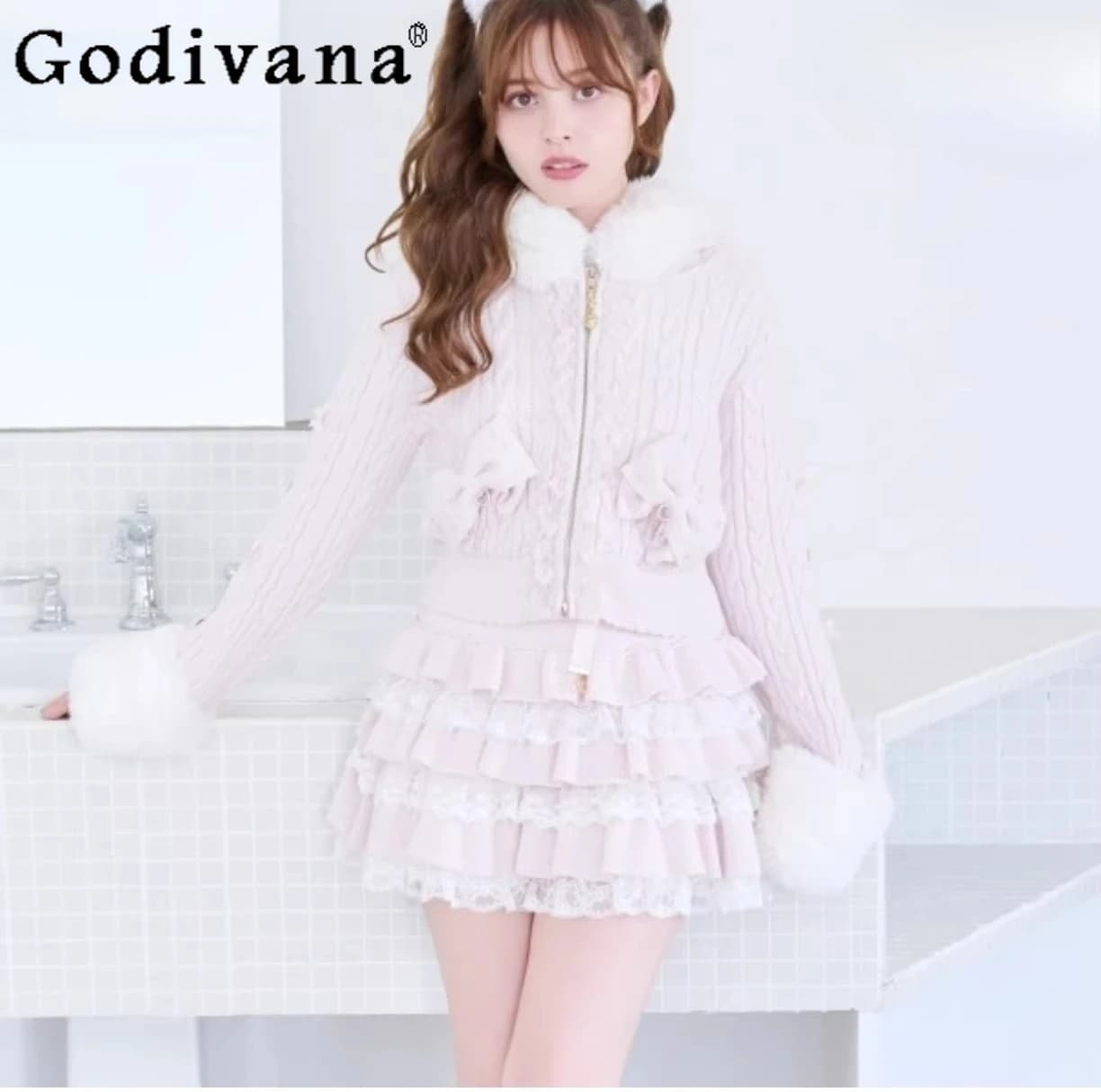 Nuovo Set 2 Pezzi 2026 Stile Lolita Giapponese: Giacca in Maglia con Cappuccio e Zip e Gonna a Balze per Ragazze e Donne