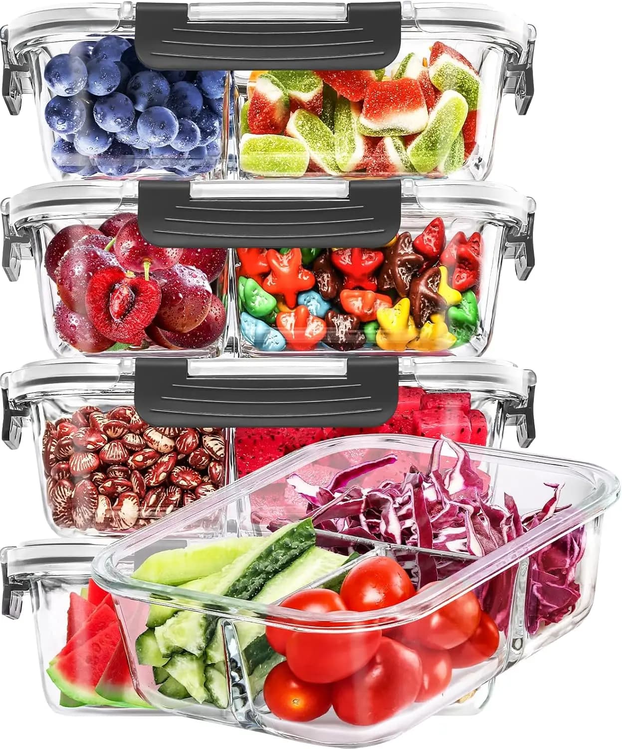 Set di 5 Contenitori in Vetro Ermetici da 36OZ con 3 Scomparti, Set di Contenitori per Preparazione Pasti con Coperchi per Dispensa e Cucina