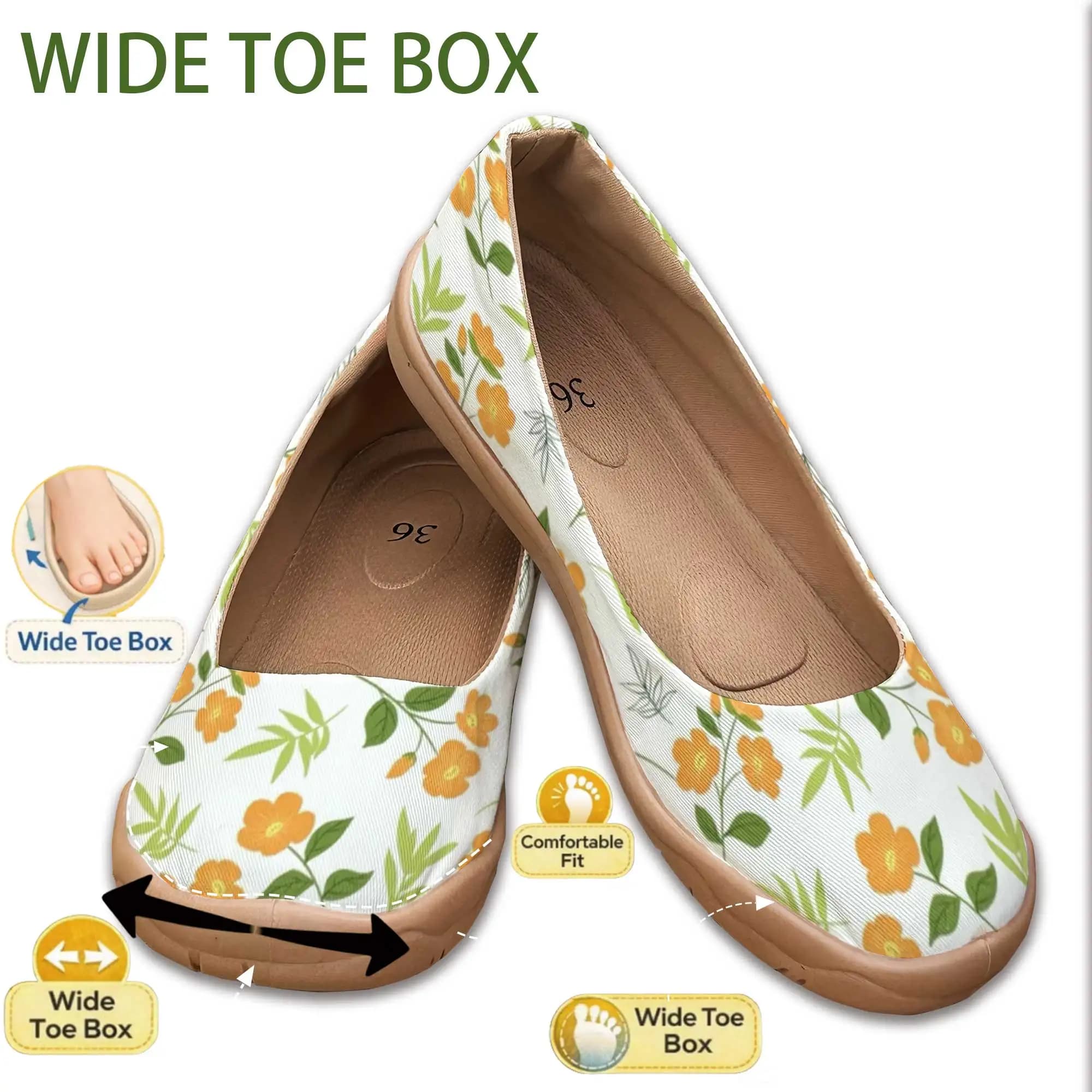 Buone notizie per i piedi larghi! Scarpe da donna slip-on a punta larga con suola morbida, scarpe comode a bocca bassa con motivo floreale, taglie grandi che non stancano i piedi