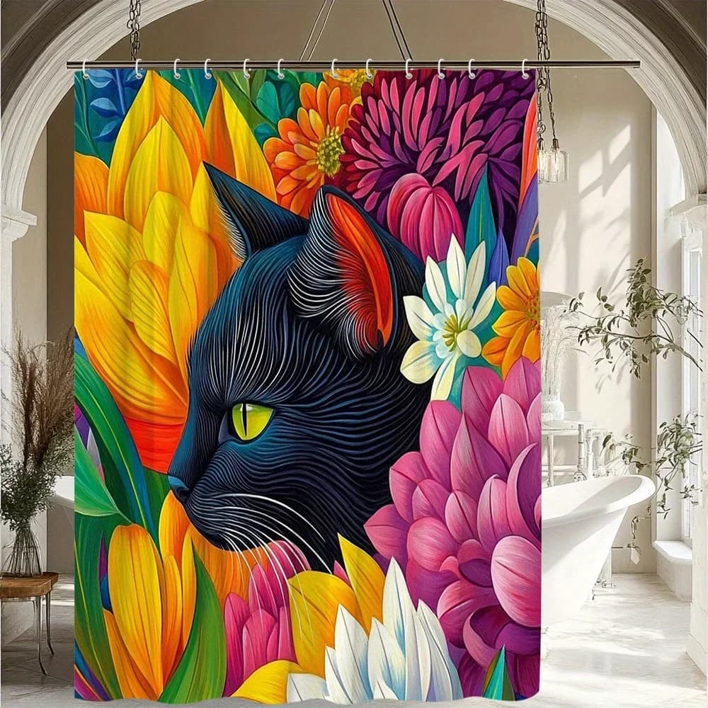 Tenda da doccia a tema animale da 1 pezzo con illustrazione di gatti ed elementi floreali, design creativo per un bagno bello e vibrante