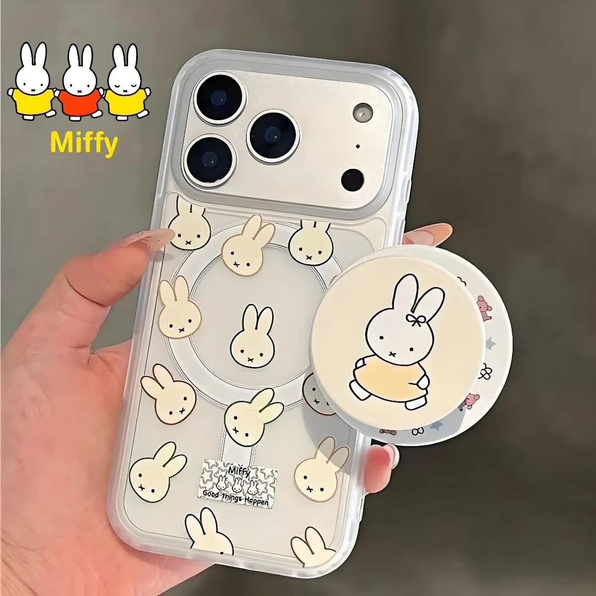 Custodia per telefono Kawaii Miffy Rabbit con supporto magnetico a forma di testa di coniglio, compatibile con 17promax, 17Air, 16pro, 15Plus, 14Promax, 13, 12, 11