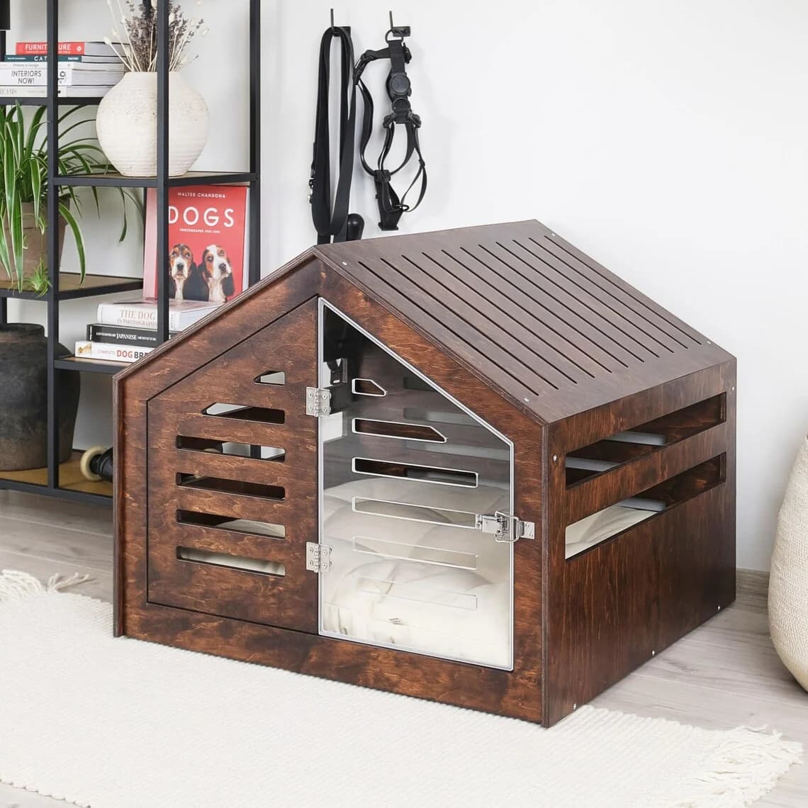 Cuccia per Cani in Legno con Porta in Acrilico e Letto
