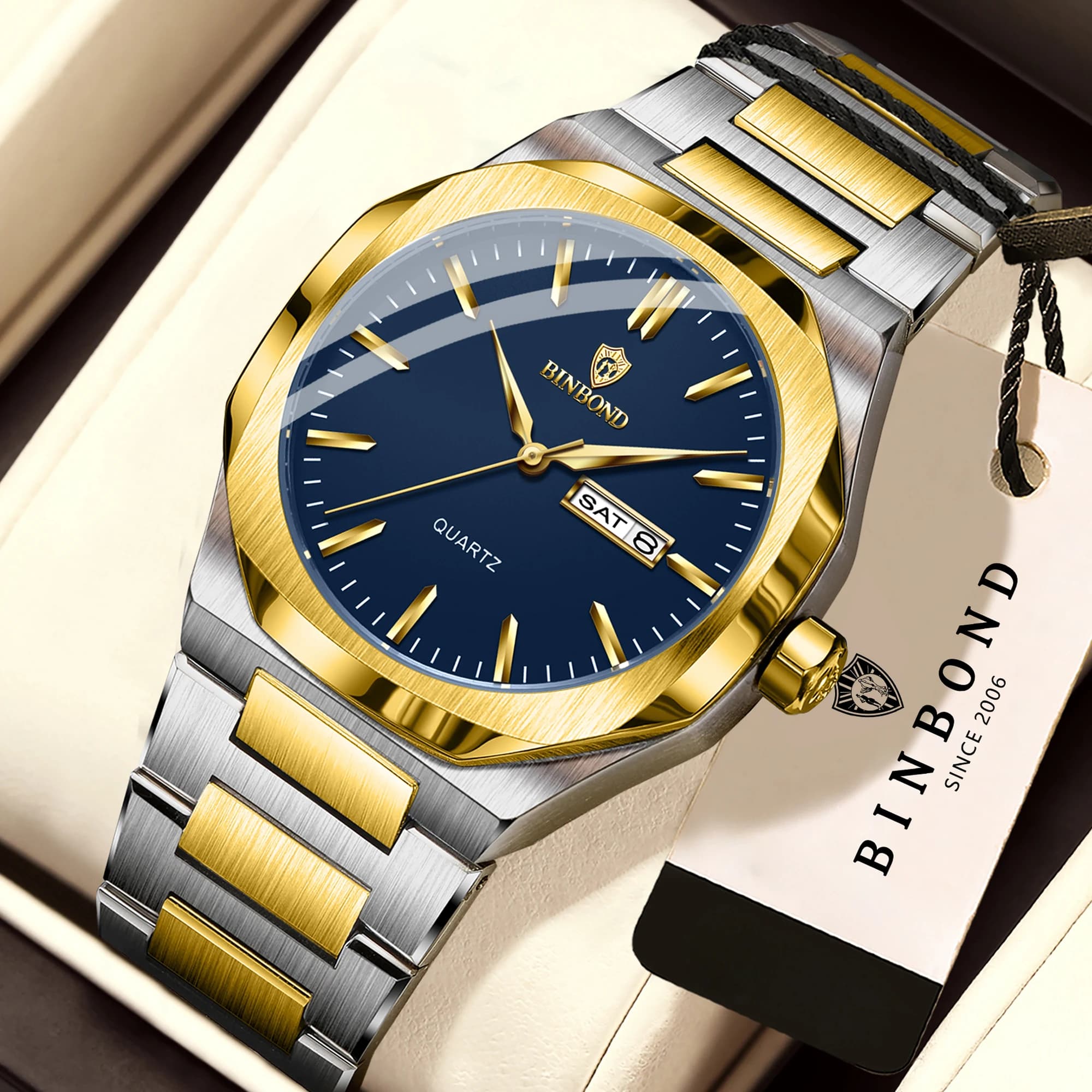 BINBOND Orginal Brand New Quartz Men's Watches Luxury Auto Date Week Display Luminous Waterproof Watch For Man Orginal Reloj